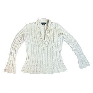 VTG LRL Surplice V-Neck Long Sleeve Ivory Scalloped Fisherman Cable Knit Sweater